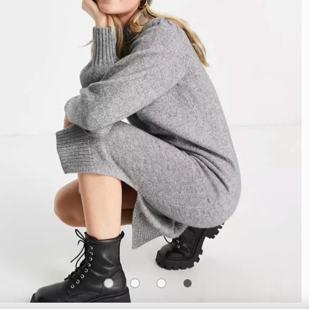 Grey Knit Sweater Maxi Dress with High Neck